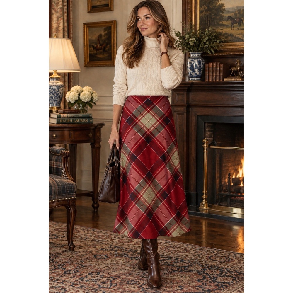 VTG Ralph Lauren Long Wool Tartan A-line Skirt Size 14